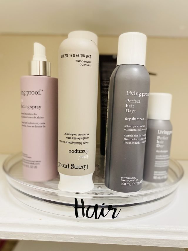 A turntable labeled Hair holding shampoo, dry shampoo and styling spray