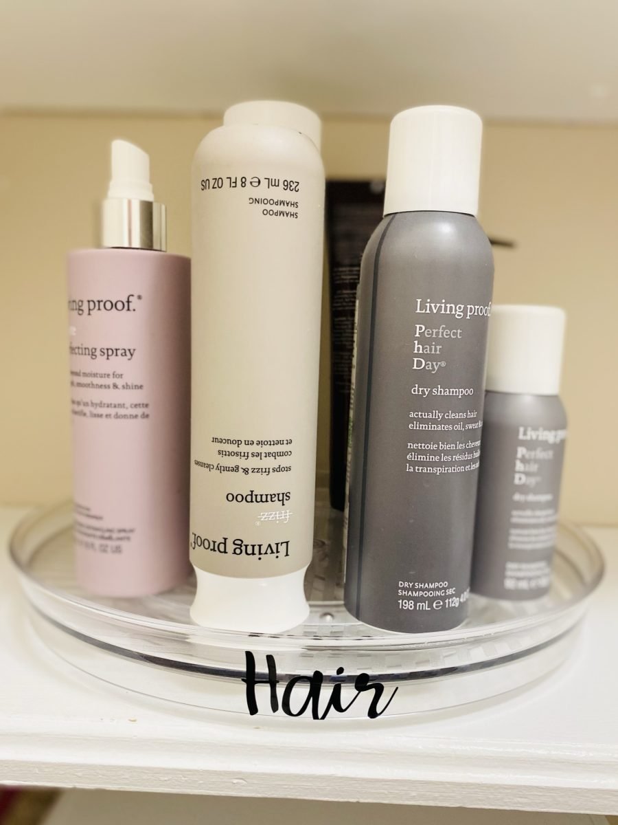 A turntable labeled Hair holding shampoo, dry shampoo and styling spray