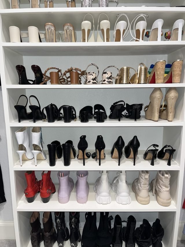Heels, sandals and boots arranged by style across six shelves