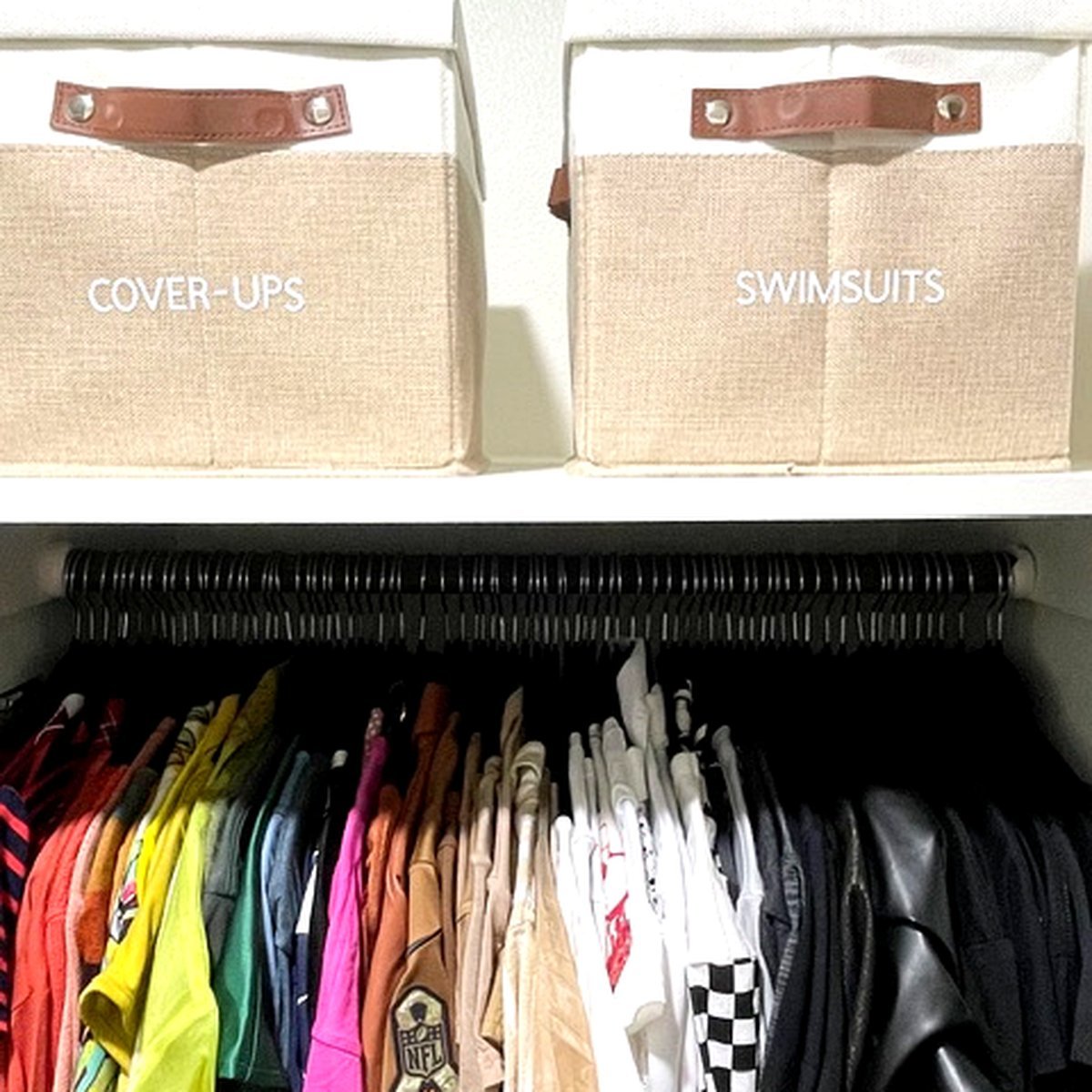 Swimwear and cover-ups organized together in a seasonal closet zone