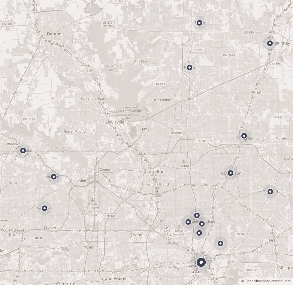 Map of Dallas-Fort Worth marking the fifteen areas Messy Buns Organized Spaces serves, from Colleyville and Westlake in the west to McKinney and Garland in the east, and north to Prosper