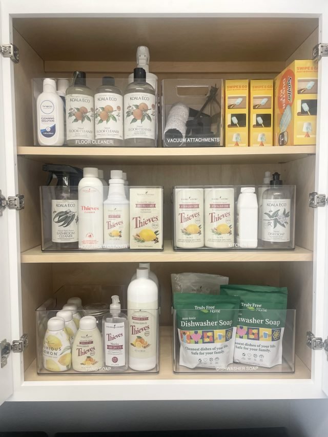 An under-sink cabinet with cleaning sprays and refills lined up by type